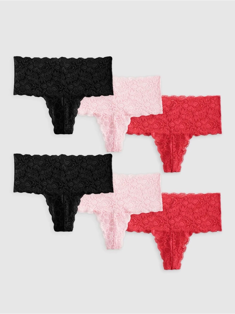 Quince Stretch Lace Thong (6-pack) | Small | Black/Pale Pink/Ruby